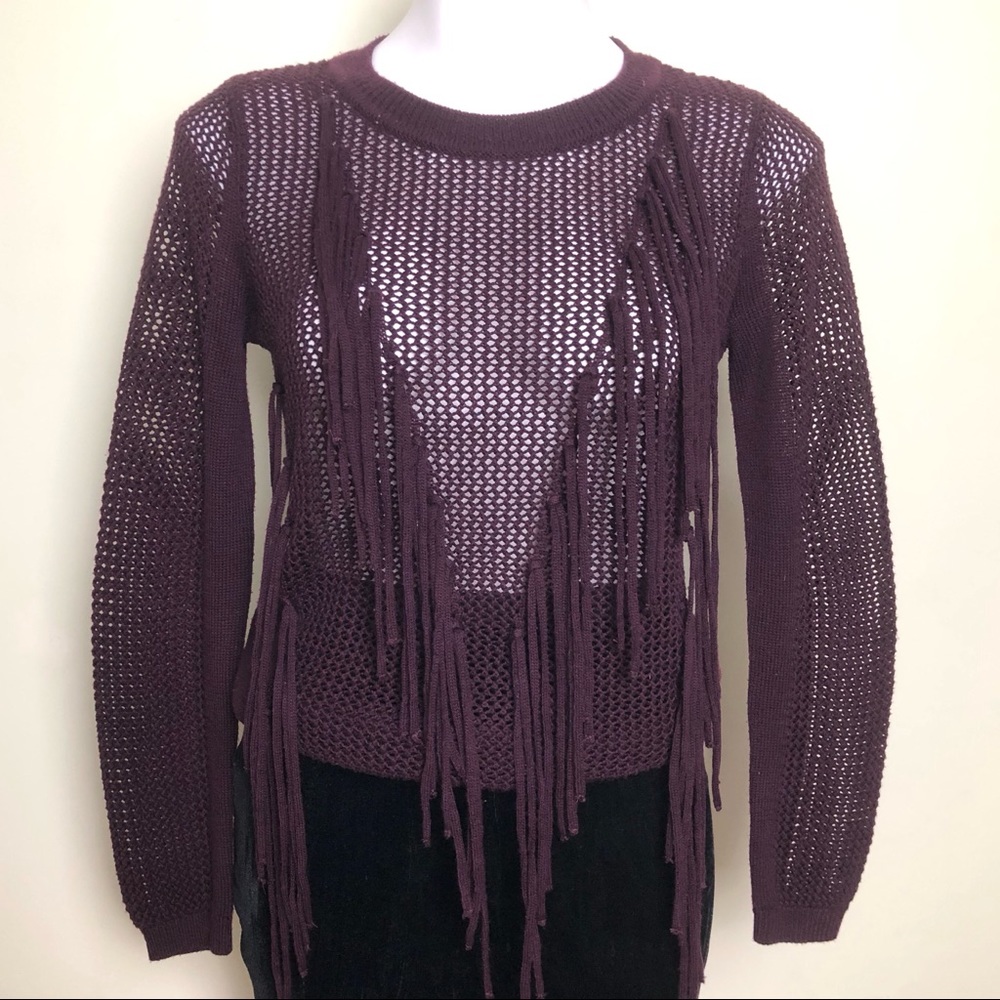 NY&C Fringe See-Through Sweater Maroon Purple XS